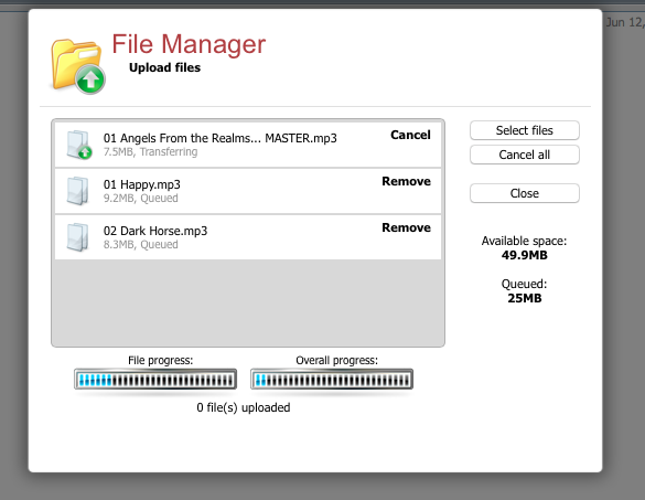 Centova File Manager select files
